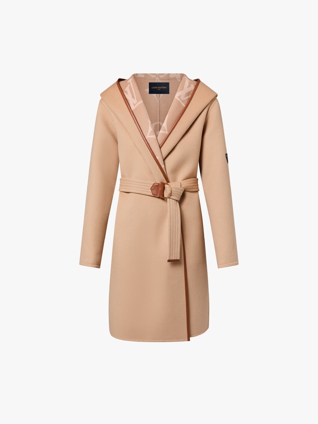 Double-sided double-breasted coat with hood and belt