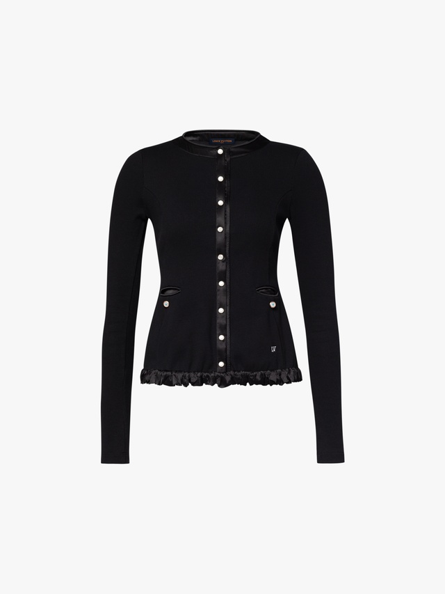 Ribbed cardigan with ruffle trim