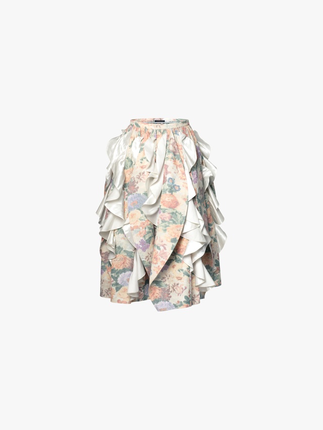 Canvas skirt with ruffled panel and floral pattern