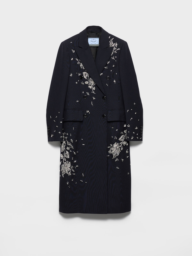 Embroidered double-breasted rush stitch wool coat