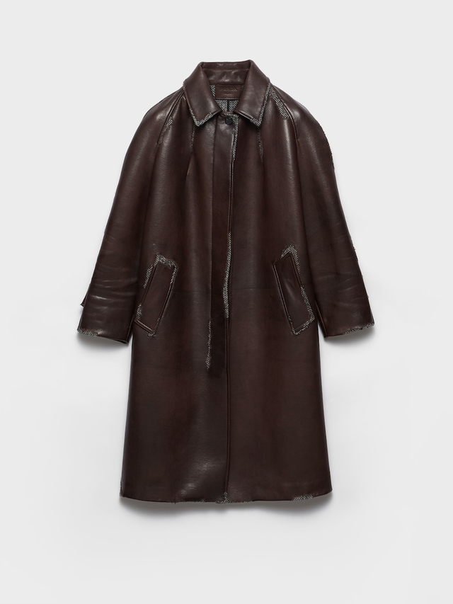 Bonded nappa leather and chevron Shetland wool coat