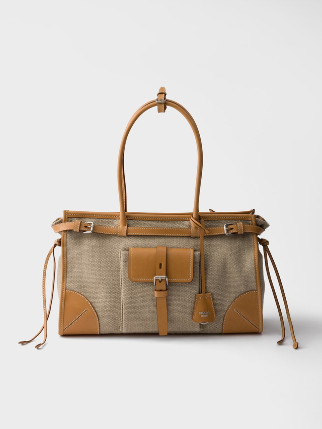 Prada Bonnie linen and leather tote bag