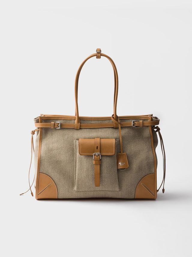 Prada Bonnie linen and leather tote bag