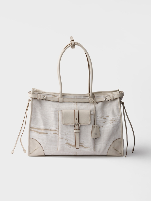 Prada Bonnie extra-large printed linen and leather tote bag