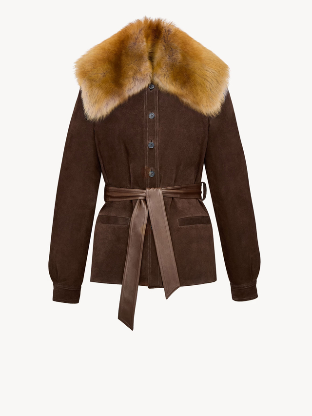 belted jacket in suede and shearling