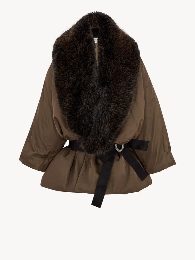 fur-collar coat in silk