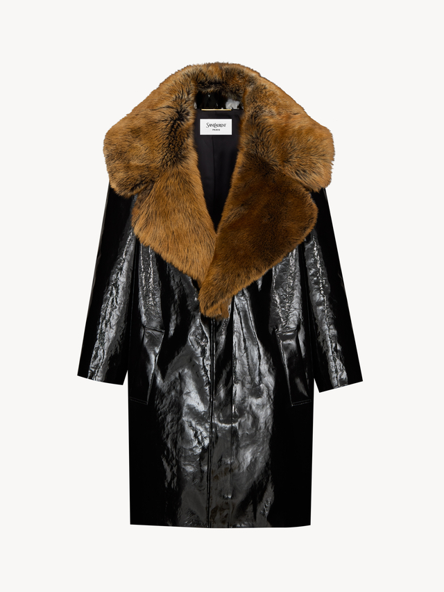 cocoon coat in lacquered canvas and shearling