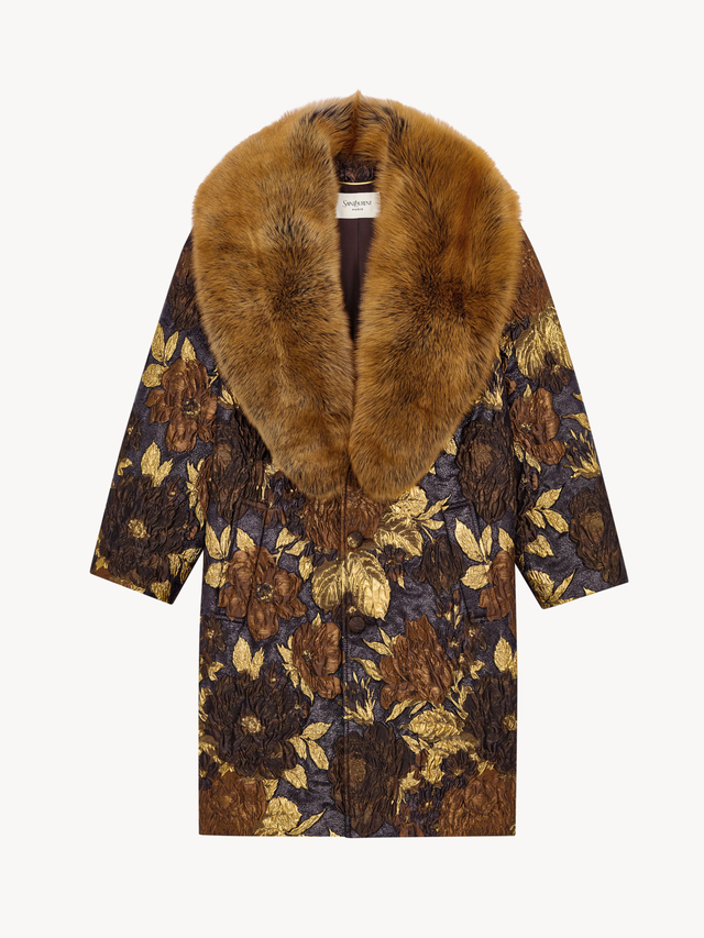 cocoon coat in brocade and shearling