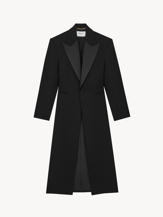 long tuxedo coat in grain de poudre