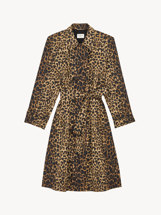 trench coat in leopard-print nylon