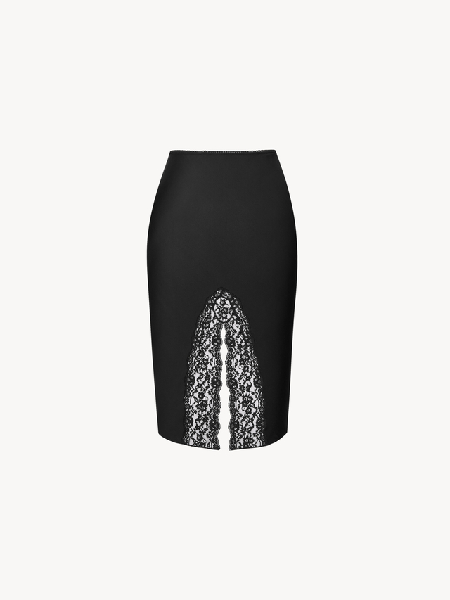 split slip skirt in double-face silk satin and lace