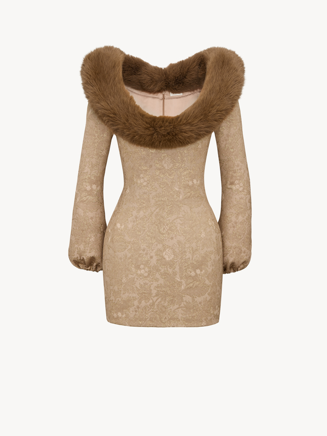 animal-free fur collar mini dress in brocade