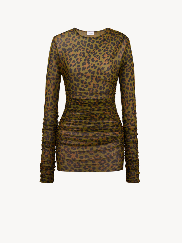 ruched mini dress in leopard tulle jersey