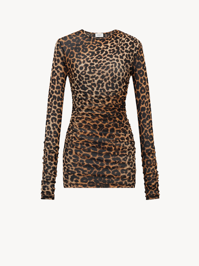 ruched mini dress in leopard tulle jersey