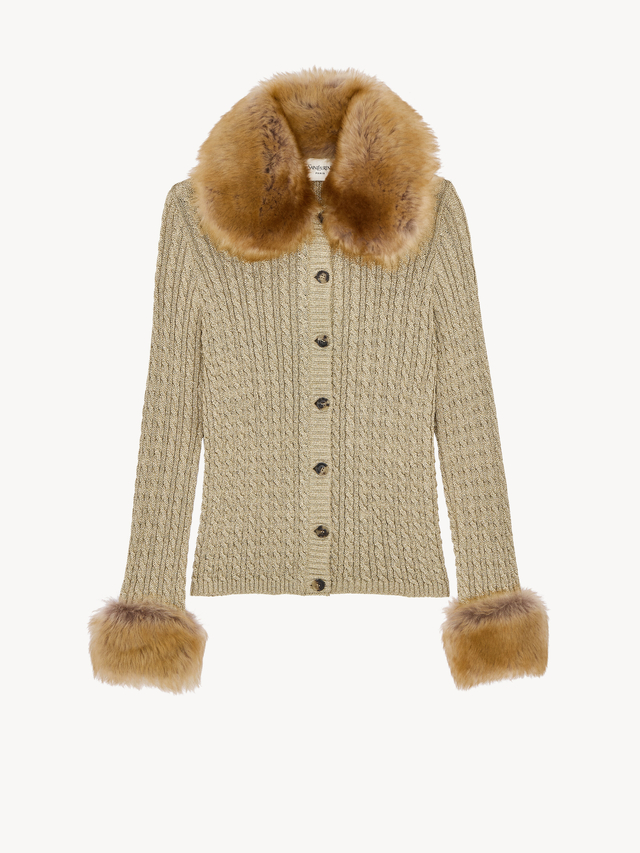 cable-knit cardigan in lurex and shearling
