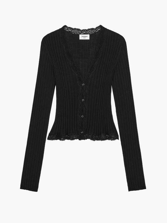 laced cardigan in ribbed wool, cashmere, and silk