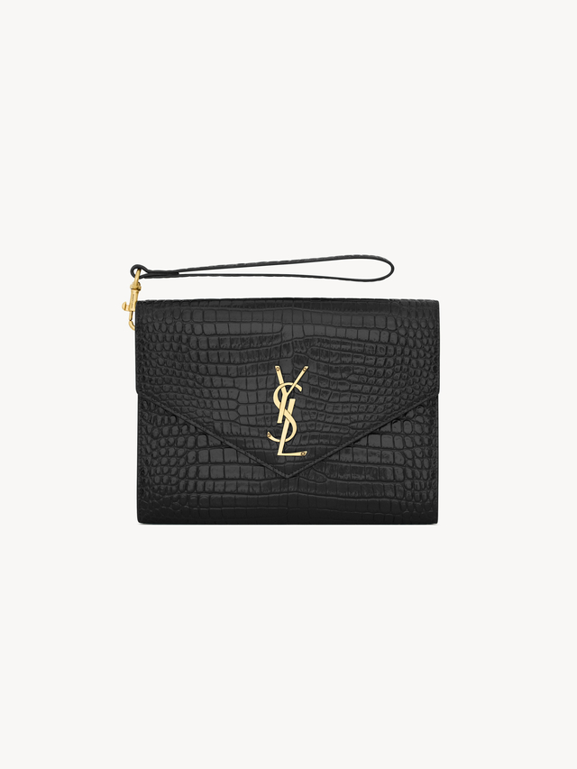 CASSANDRE flap pouch in crocodile-embossed shiny leather