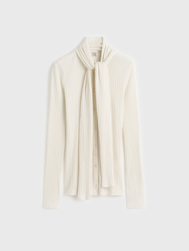 Ribbed bow blouse ecru