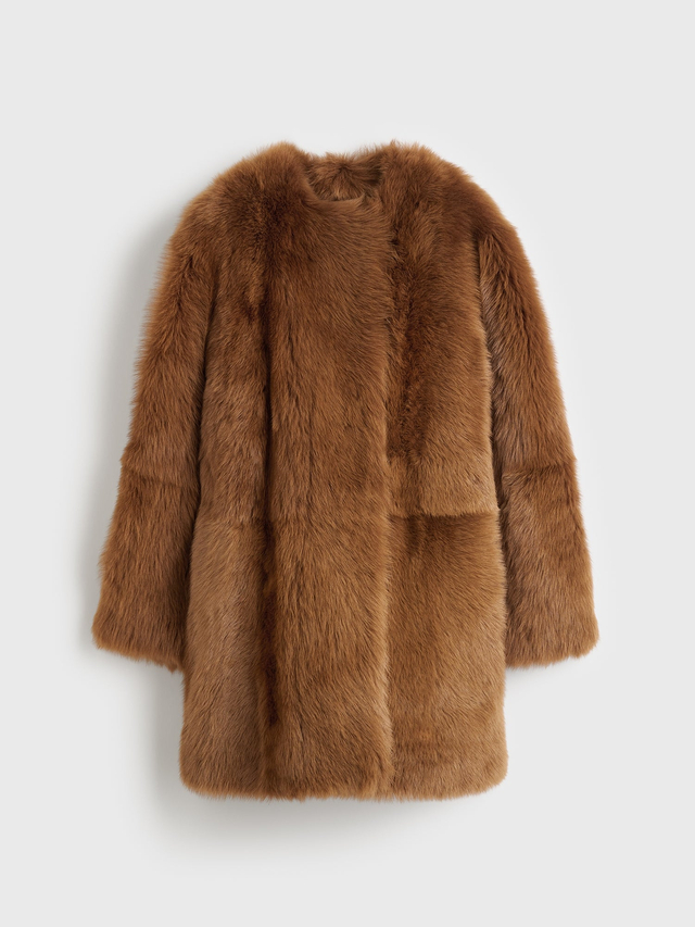 Short silky shearling coat ginger