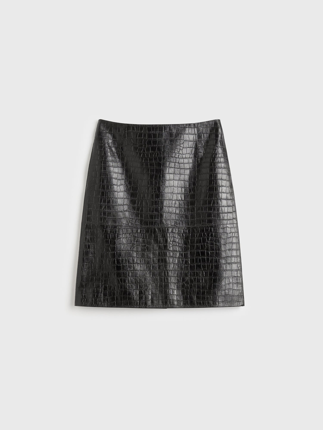 Paneled croco embossed skirt dark brown