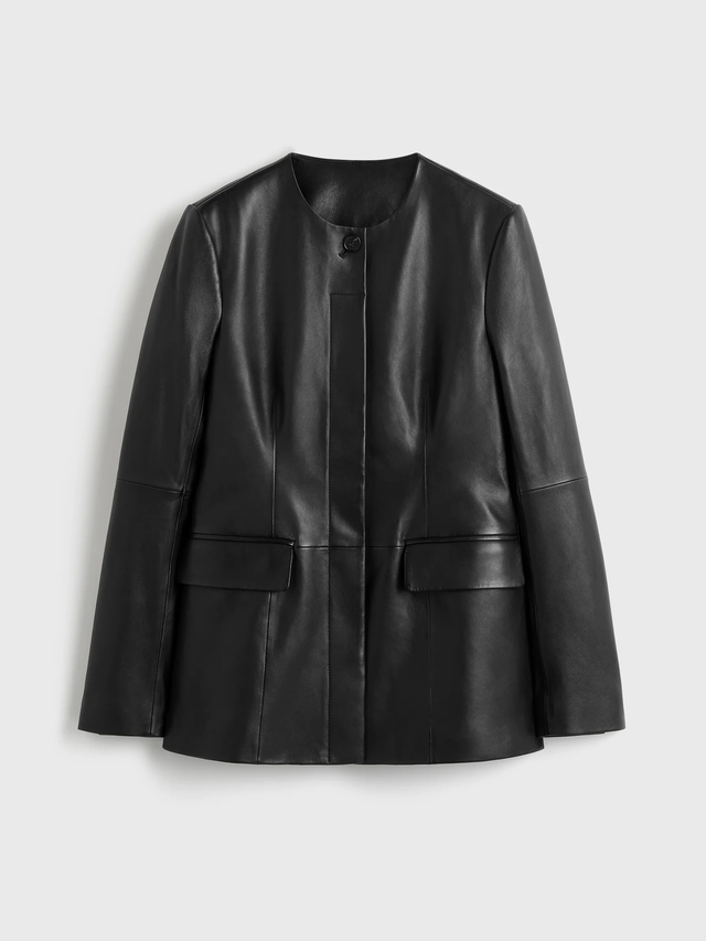 Collarless leather jacket black