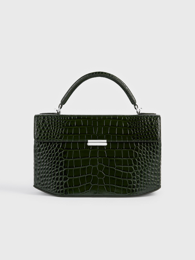 Clip croco embossed top handle dark green