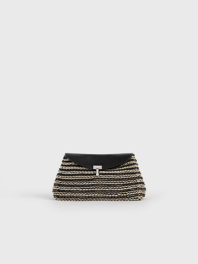 Mini t lock woven leather clutch black sand
