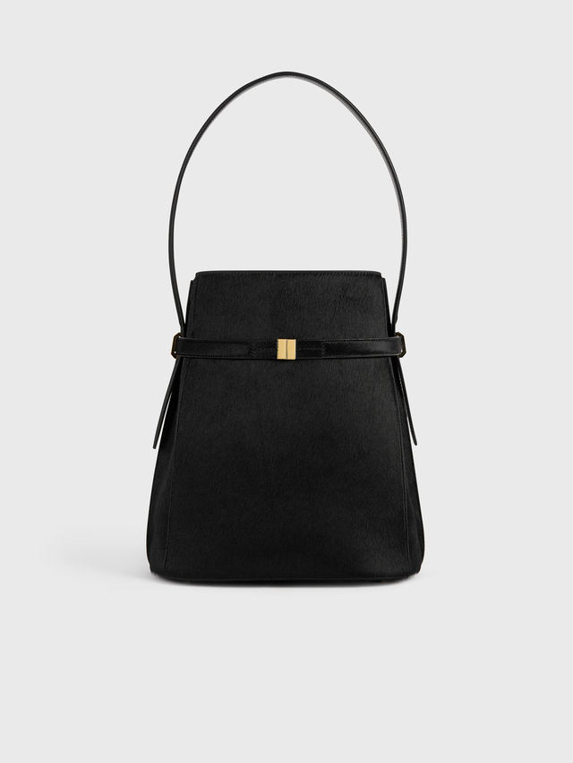 Belted pony hair bucket bag black