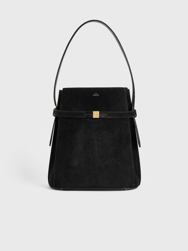 Belted suede bucket bag black