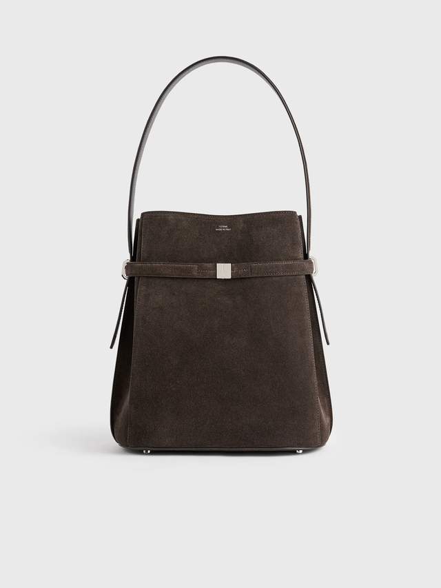 Belted suede bucket bag brown