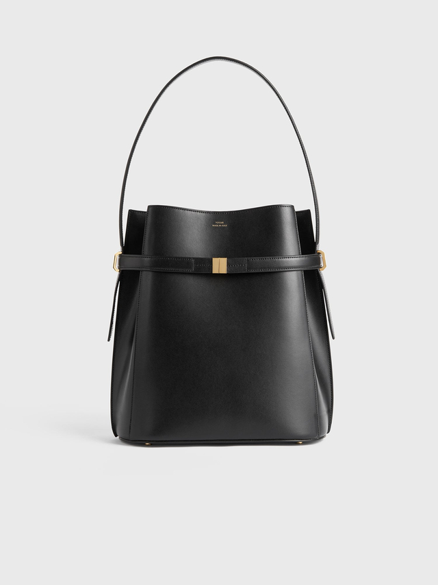 Belted leather bucket bag black