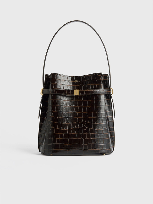 Belted croco embossed bucket bag dark brown