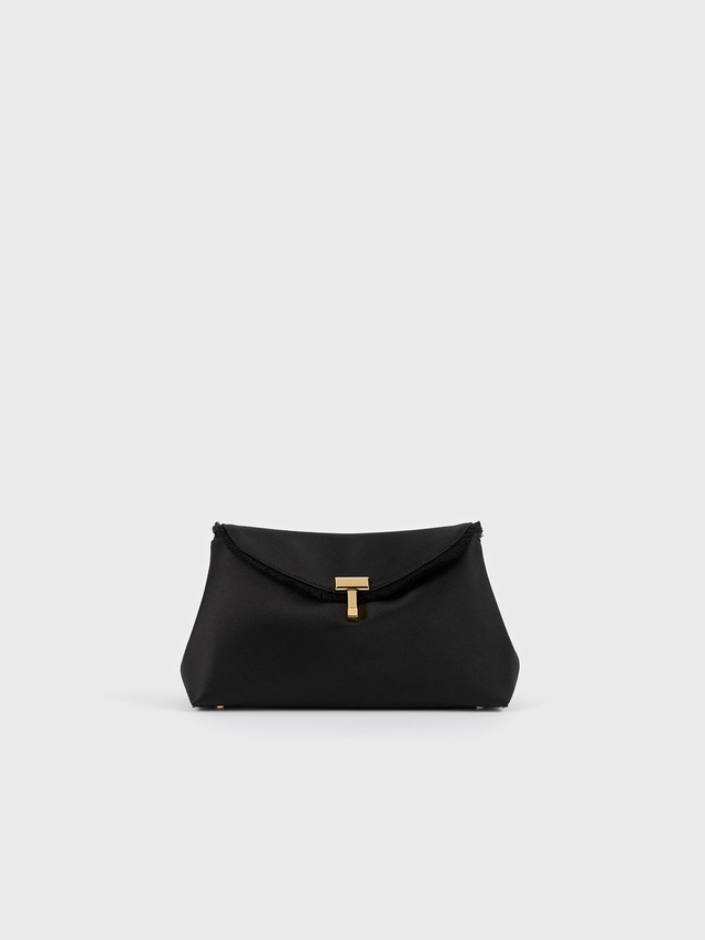 Mini t lock frayed satin clutch black